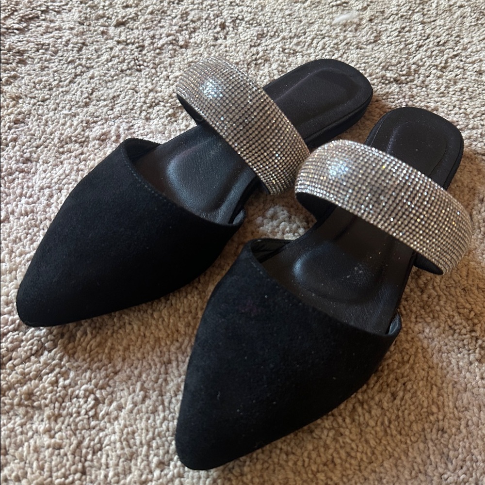 Black Pointed Flats with Rhinestone Straps